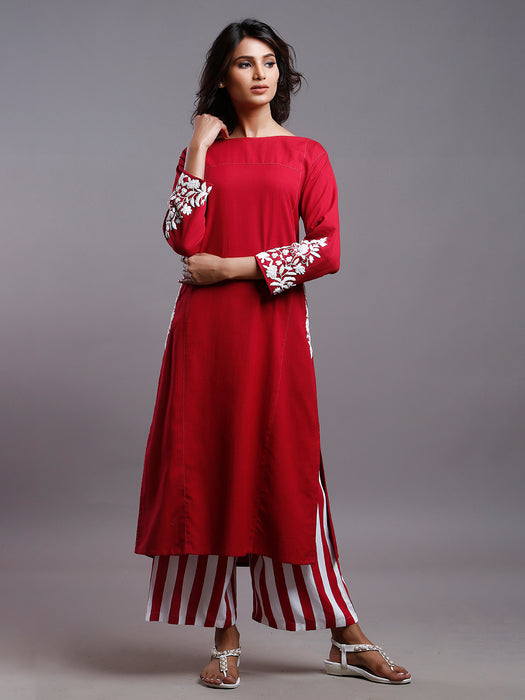 SCARLET RED EMBD KAFTAN KURTA