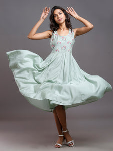 CHANDERI EMBROIDERED MIDI DRESS PASTEL GREEN
