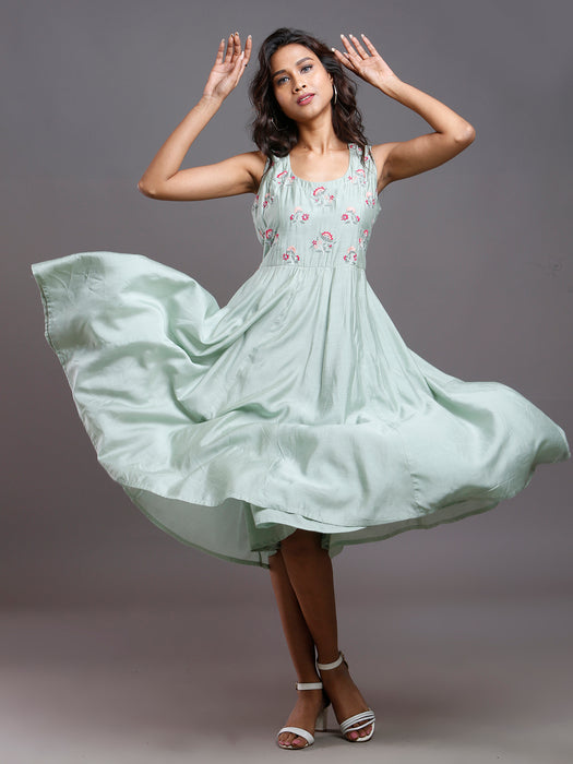 CHANDERI EMBROIDERED MIDI DRESS PASTEL GREEN