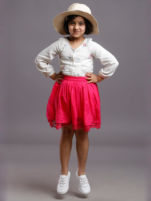 LACE DETAIL FUCHSIA COTTON FLARED SKIRT