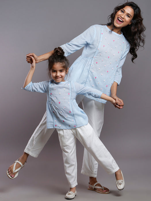 ICE BLUE MULMUL FLORAL EMBROIDERED GATHERED TOP- KIDS