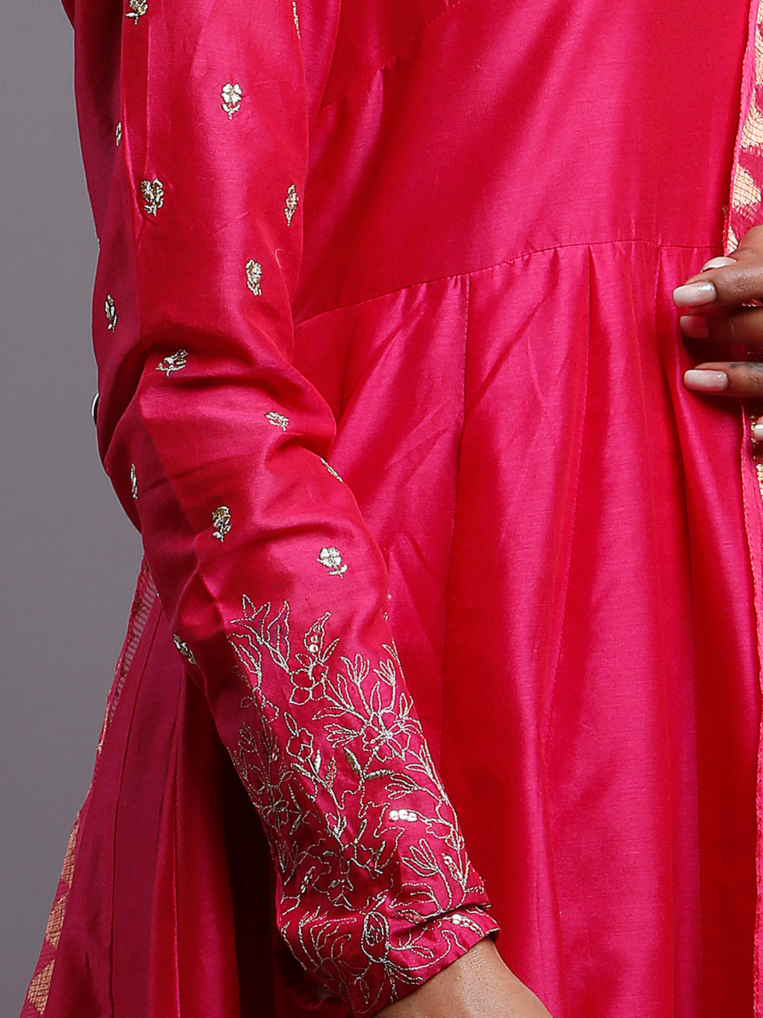 RASPBERRY PINK ANARKALI  WITH GOLD SLEEVE EMBROIDERY- KURTA & PANT SET