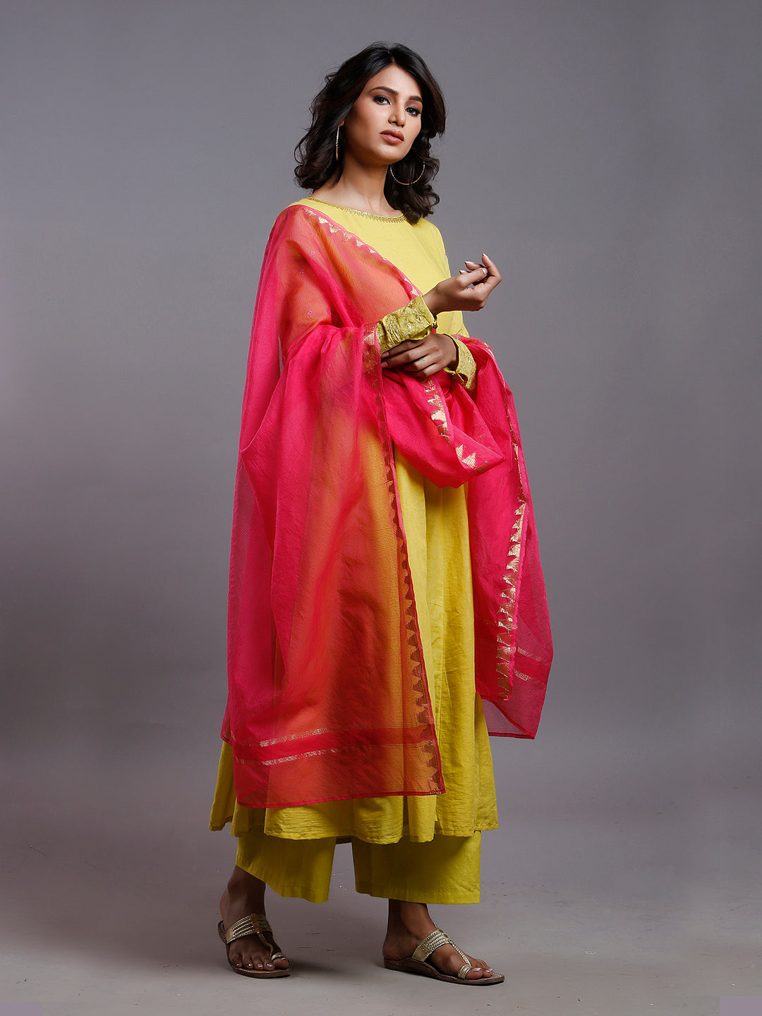 YELLOW ANARKALI  WITH GOLD SLEEVE EMBROIDERY- KURTA & PANT SET