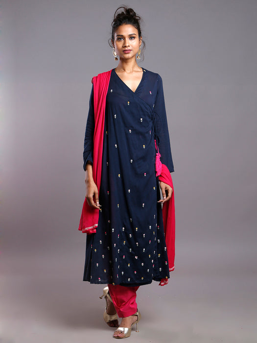 SALE- FLORAL EMBROIDERED ANGRAKHA MIDNIGHT-BLUE