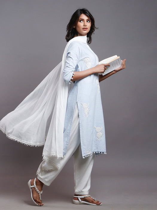 SOLD OUT- PASTEL BLUE KURTA COTTON EMBROIDERED WITH POM-POM DETAILS