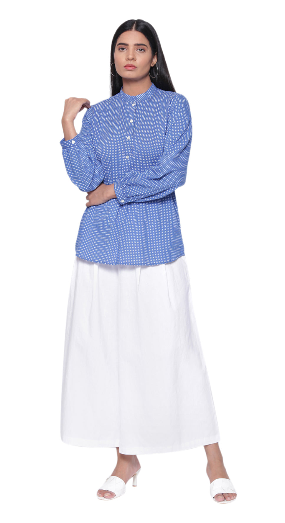 Classic Mandarin Collar Ink Blue Dot Print Top