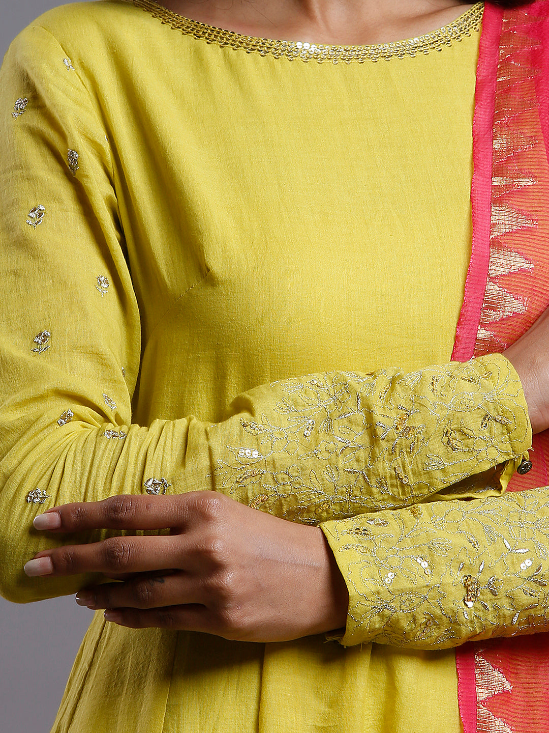 YELLOW ANARKALI  WITH GOLD SLEEVE EMBROIDERY- KURTA & PANT SET