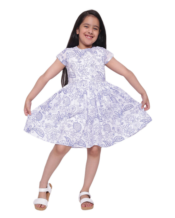Blue & White Cotton Printed Dress Kid's