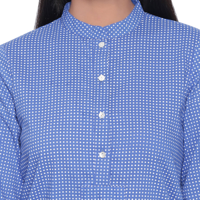 Classic Mandarin Collar Ink Blue Dot Print Top