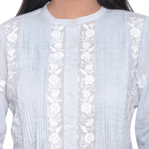 SOLD OUT: Ice Blue Mulmul Embroidered Pleated Top