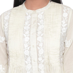 Lime Yellow Mulmul Pleated Embroidered Top