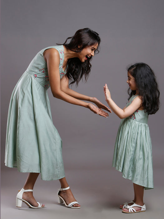 CHANDERI ASYMMETRIC HEM EMBROIDERED DRESS PASTEL GREEN