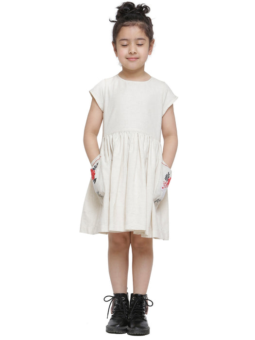 BEIGE POCKET EMBROIDERED DRESS