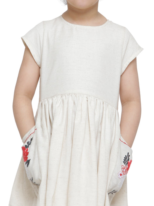 BEIGE POCKET EMBROIDERED DRESS