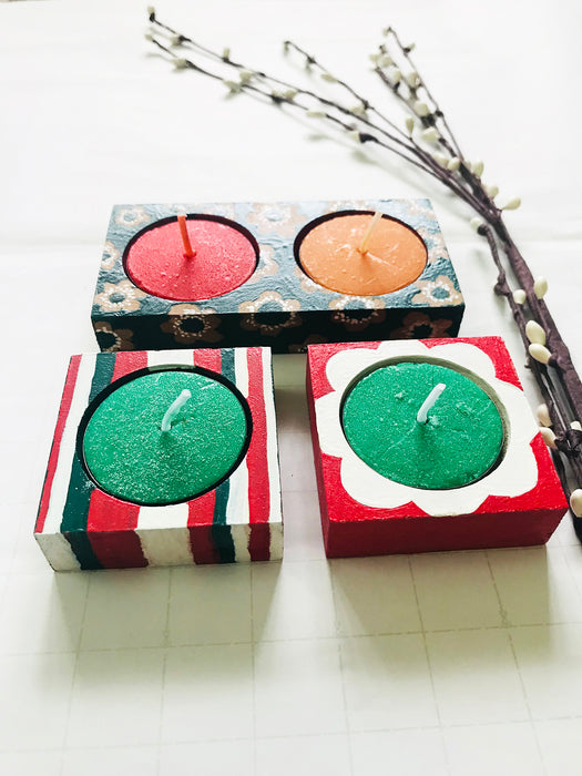 SOLD OUT: Hand Painted Wooden T-light holders (Set of 3 holders & 4 T-lights)