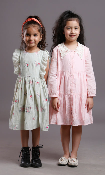 MULMUL EMBROIDERED COTTON DRESS PASTEL GREEN