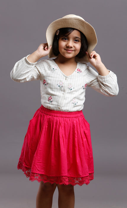 KIDS FLORAL EMBROIDERED STRIPE COTTON TOP