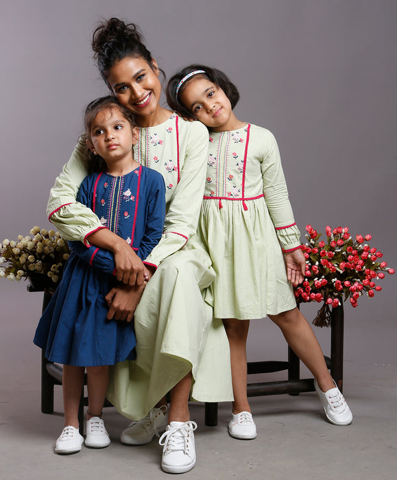 FLORAL EMBROIDERED BOHO DRESS LIGHT GREEN- KID'S