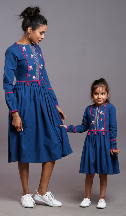 FLORAL EMBROIDERED BOHO DRESS DEEP BLUE- KID'S