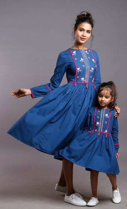FLORAL EMBROIDERED BOHO DRESS DEEP BLUE- KID'S