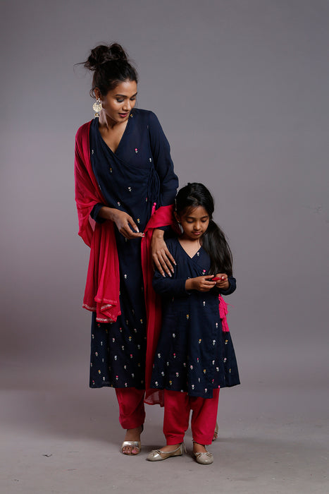 FLORAL EMBROIDERED WRAP KURTA SET - KIDS