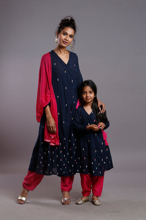 FLORAL EMBROIDERED WRAP KURTA SET - KIDS