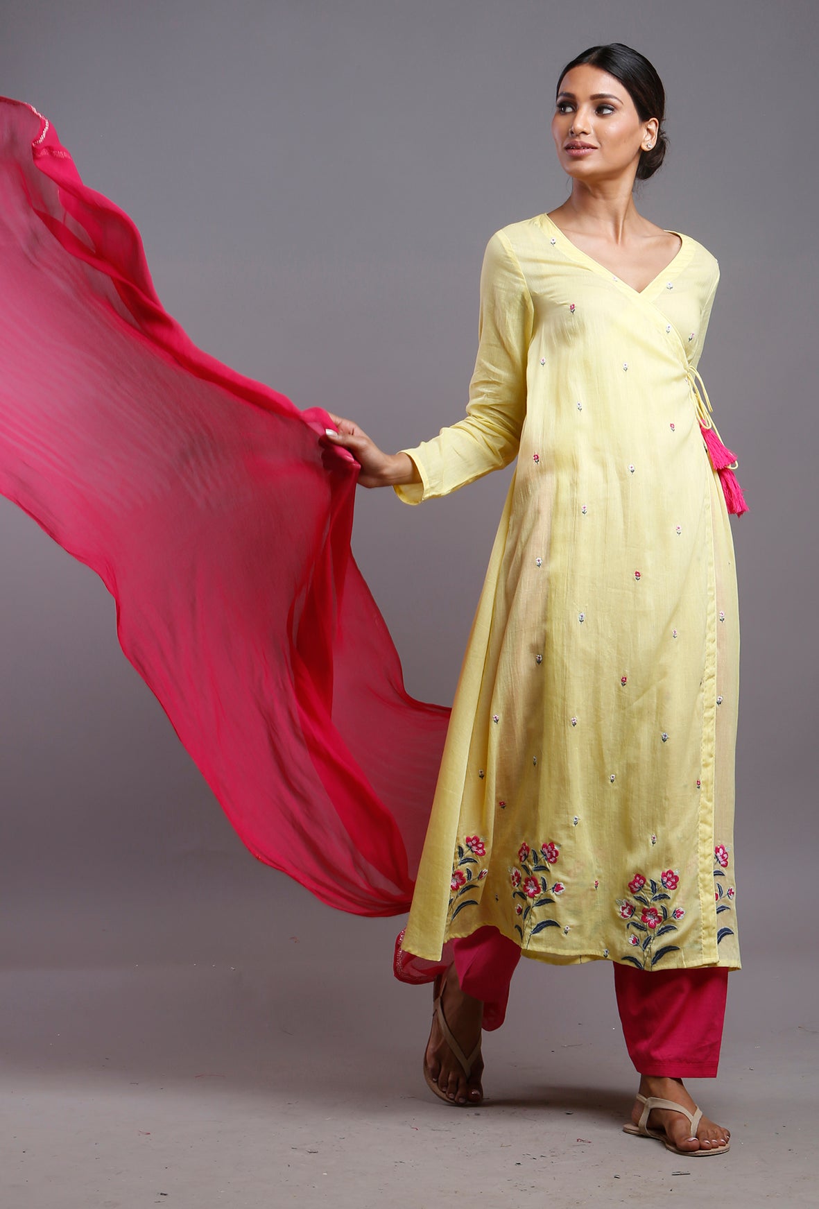 SALE- FLORAL EMBROIDERED ANGRAKHA YELLOW