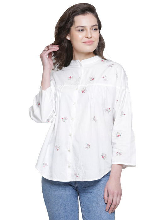 SOLD OUT- MULMUL COTTON FLORAL EMBROIDERED SHIRT OFF-WHITE