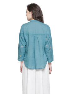 SOLD OUT- MULMUL COTTON FLORAL EMBROIDERED SHIRT- TEAL
