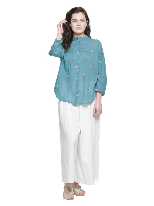SOLD OUT- MULMUL COTTON FLORAL EMBROIDERED SHIRT- TEAL