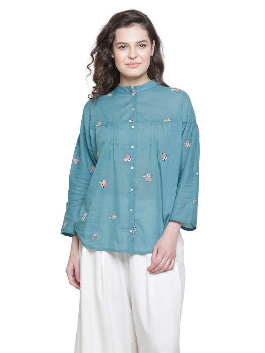SOLD OUT- MULMUL COTTON FLORAL EMBROIDERED SHIRT- TEAL