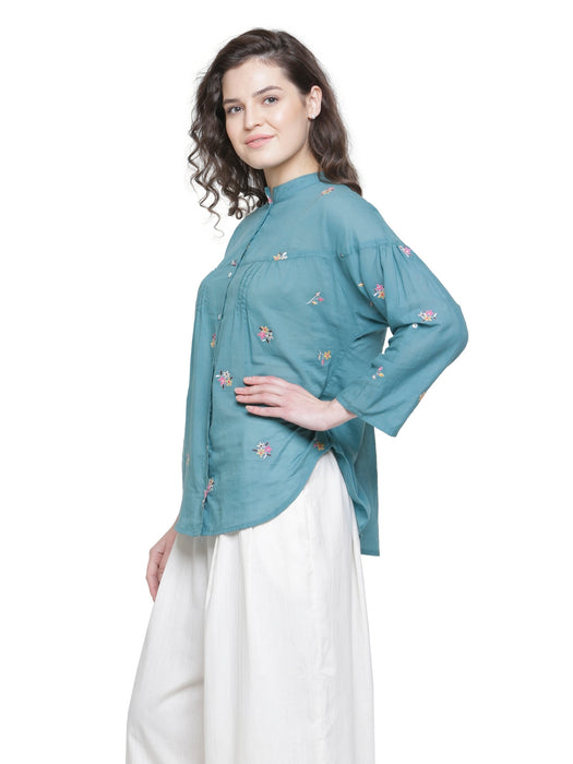 SOLD OUT- MULMUL COTTON FLORAL EMBROIDERED SHIRT- TEAL