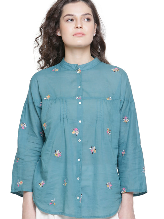 SOLD OUT- MULMUL COTTON FLORAL EMBROIDERED SHIRT- TEAL
