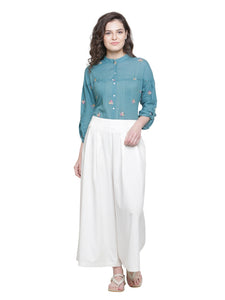SOLD OUT- MULMUL COTTON FLORAL EMBROIDERED SHIRT- TEAL