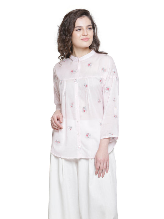 SOLD OUT- MULMUL COTTON FLORAL EMBROIDERED SHIRT PINK