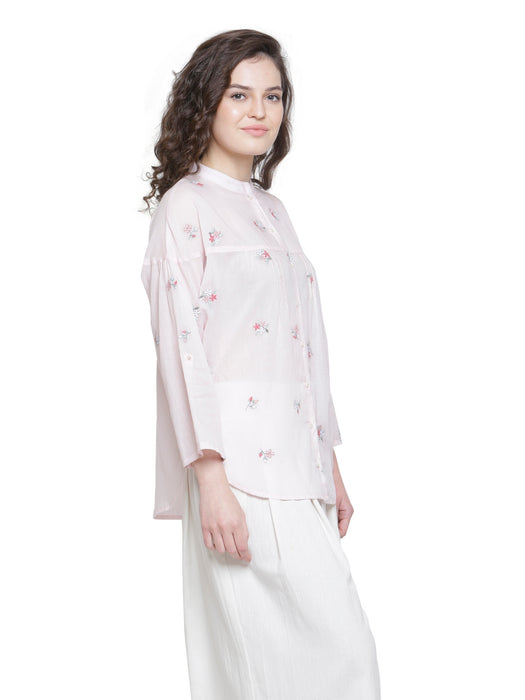 SOLD OUT- MULMUL COTTON FLORAL EMBROIDERED SHIRT PINK