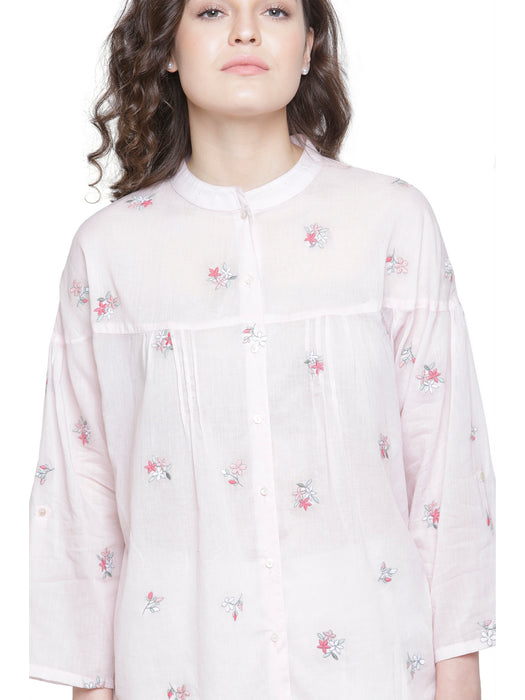 SOLD OUT- MULMUL COTTON FLORAL EMBROIDERED SHIRT PINK