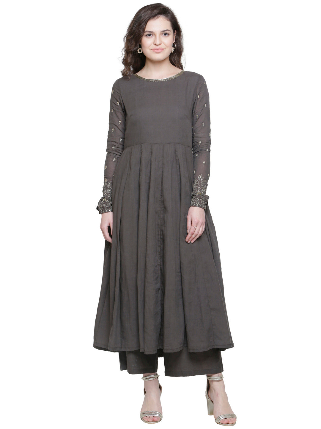 GRAY ANARKALI  WITH GOLD SLEEVE EMBROIDERY- KURTA & PANT SET