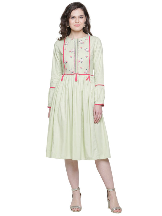 FLORAL EMBROIDERED BOHO DRESS LIGHT GREEN- WOMEN'S