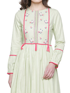 FLORAL EMBROIDERED BOHO DRESS LIGHT GREEN- WOMEN'S