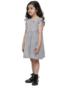 BLACK & WHITE STRIPE FLORAL EMBROIDERY DRESS