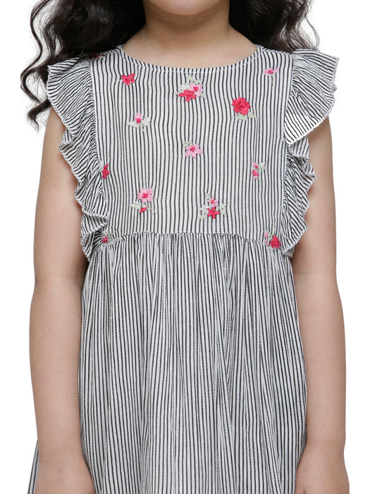 BLACK & WHITE STRIPE FLORAL EMBROIDERY DRESS