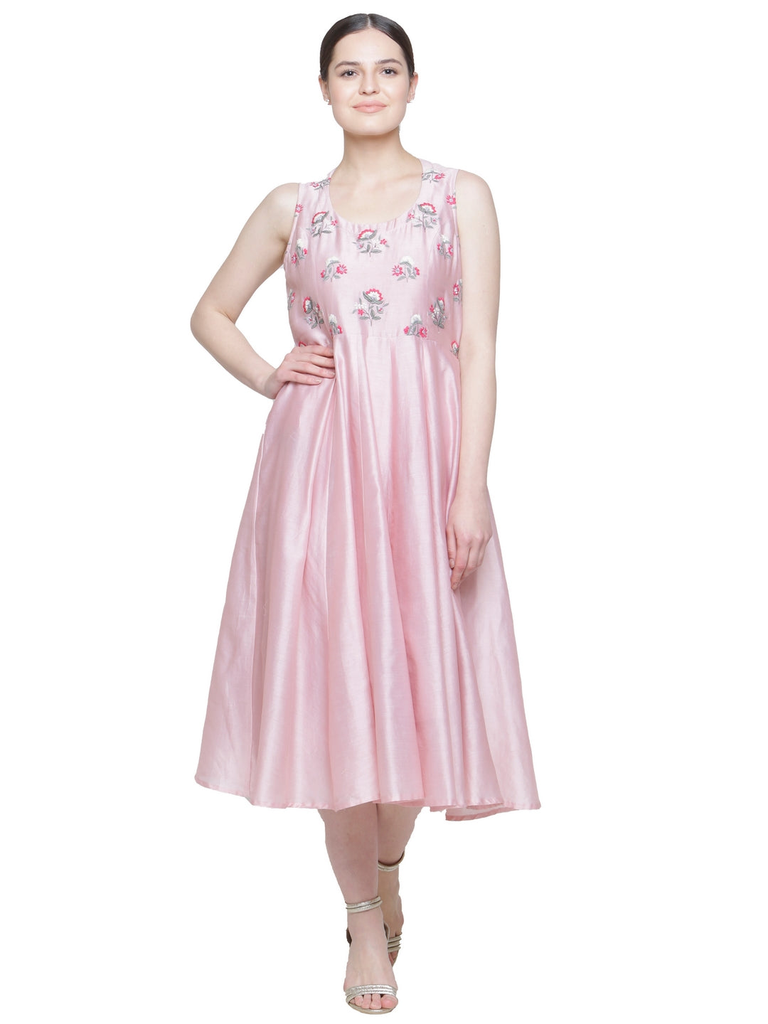 CHANDERI EMBROIDERED MIDI DRESS PINK ROSE