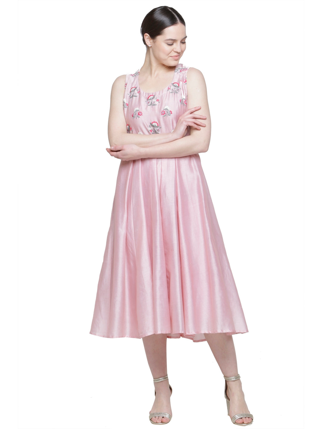 CHANDERI EMBROIDERED MIDI DRESS PINK ROSE