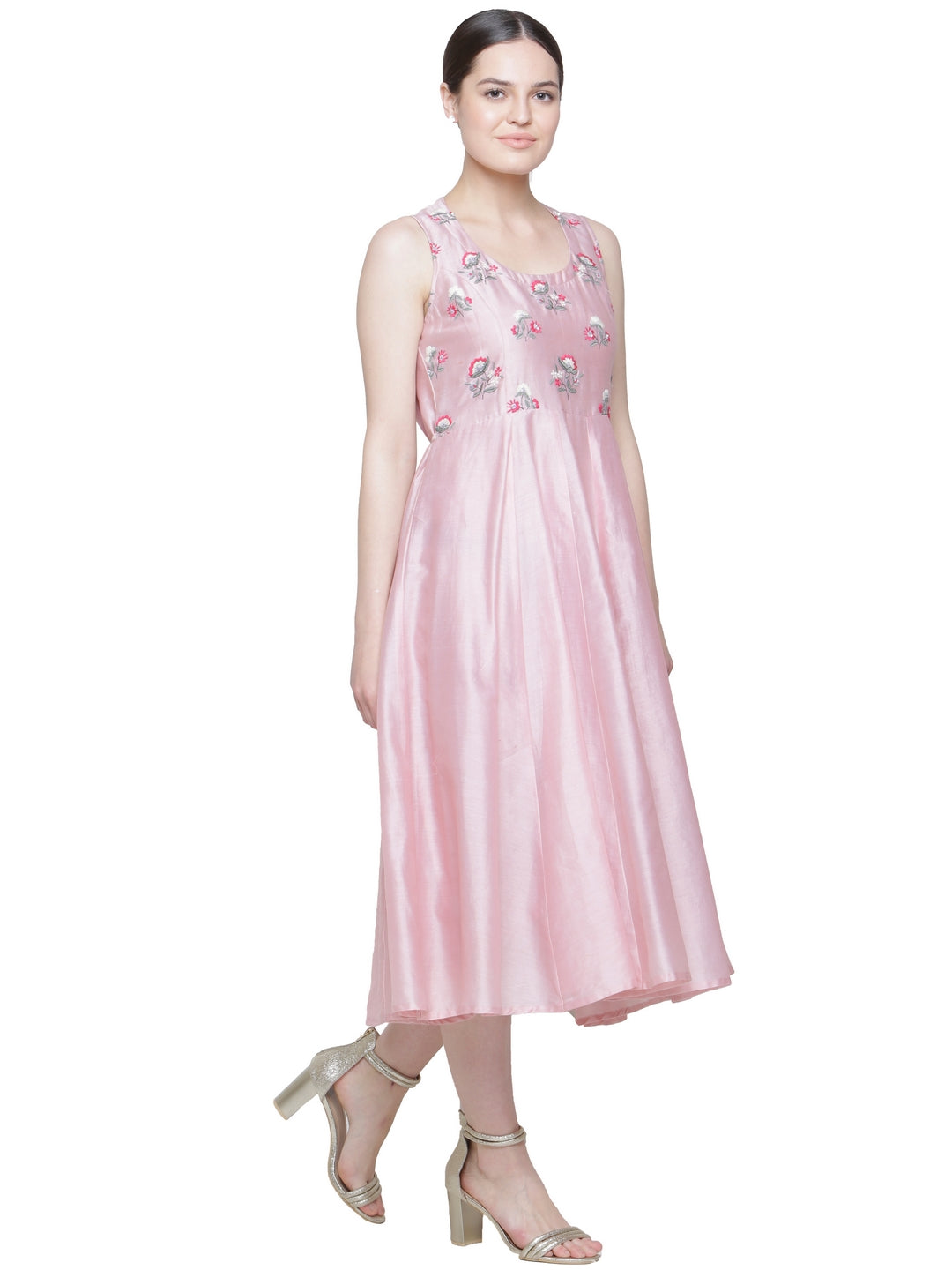 CHANDERI EMBROIDERED MIDI DRESS PINK ROSE