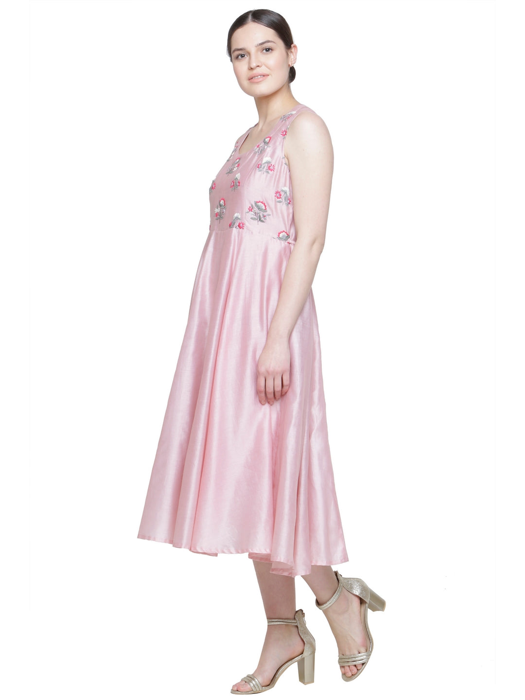 CHANDERI EMBROIDERED MIDI DRESS PINK ROSE