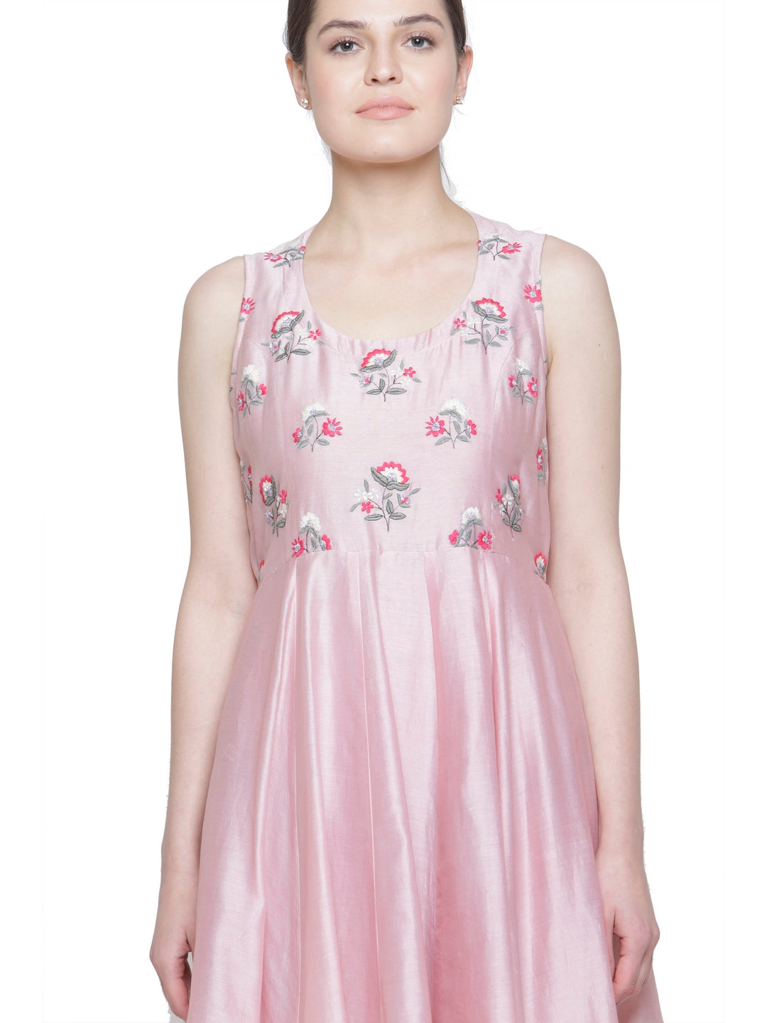 CHANDERI EMBROIDERED MIDI DRESS PINK ROSE