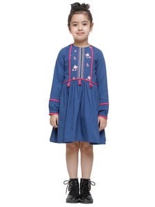 FLORAL EMBROIDERED BOHO DRESS DEEP BLUE- KID'S
