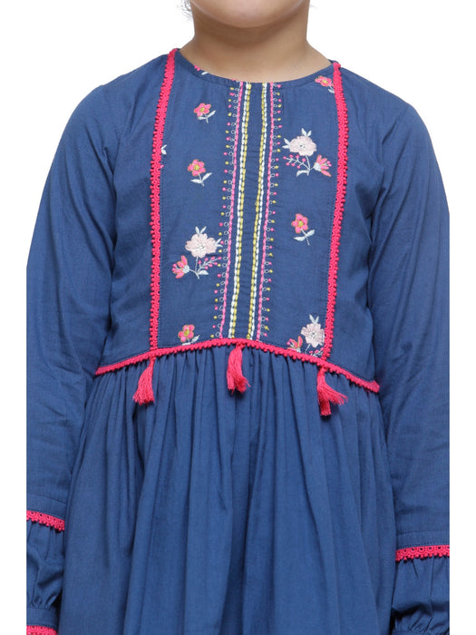 FLORAL EMBROIDERED BOHO DRESS DEEP BLUE- KID'S