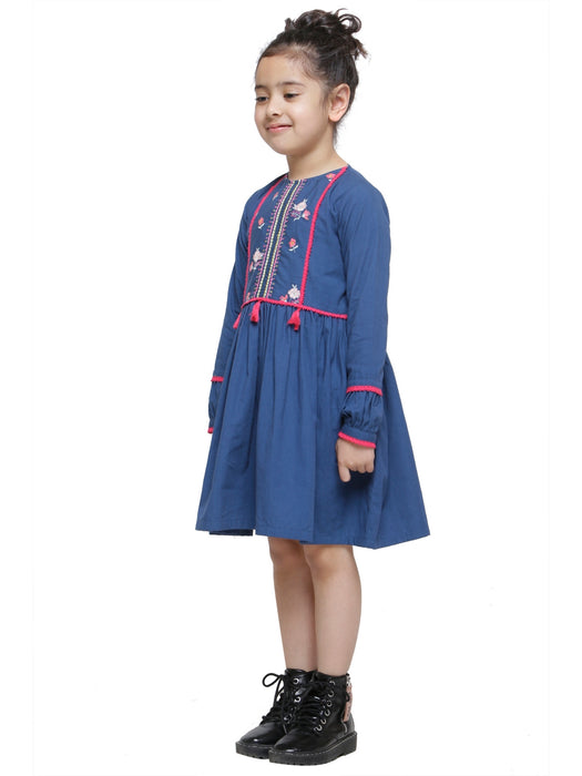 FLORAL EMBROIDERED BOHO DRESS DEEP BLUE- KID'S